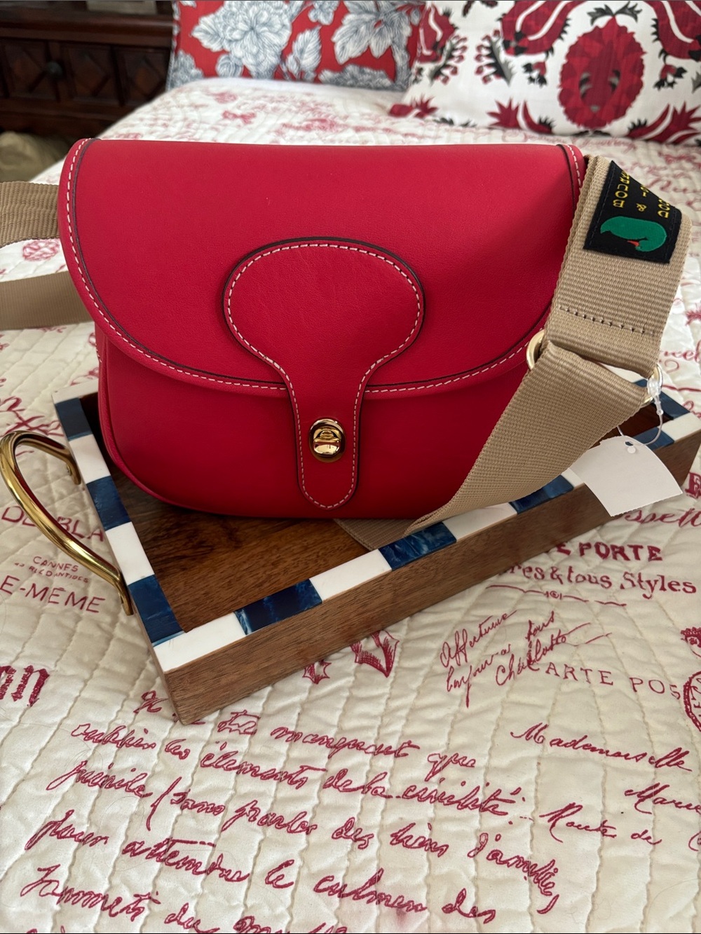 Dooney & Bourke Leather Penrose Saddle 22 Red Bag with Beige Canvas Strap